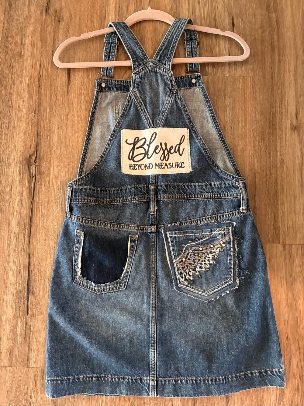 Upcycled Denim Overalls Skirt. Recycled Denim. Blessed. Large*. - Picture 2 of 10